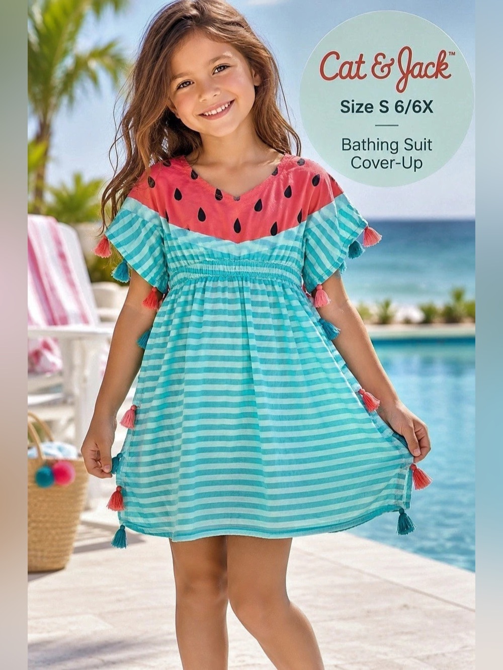Cat & Jack Watermelon Swim Cover-Up Girls' Blue & Pink Striped Size 6/6X